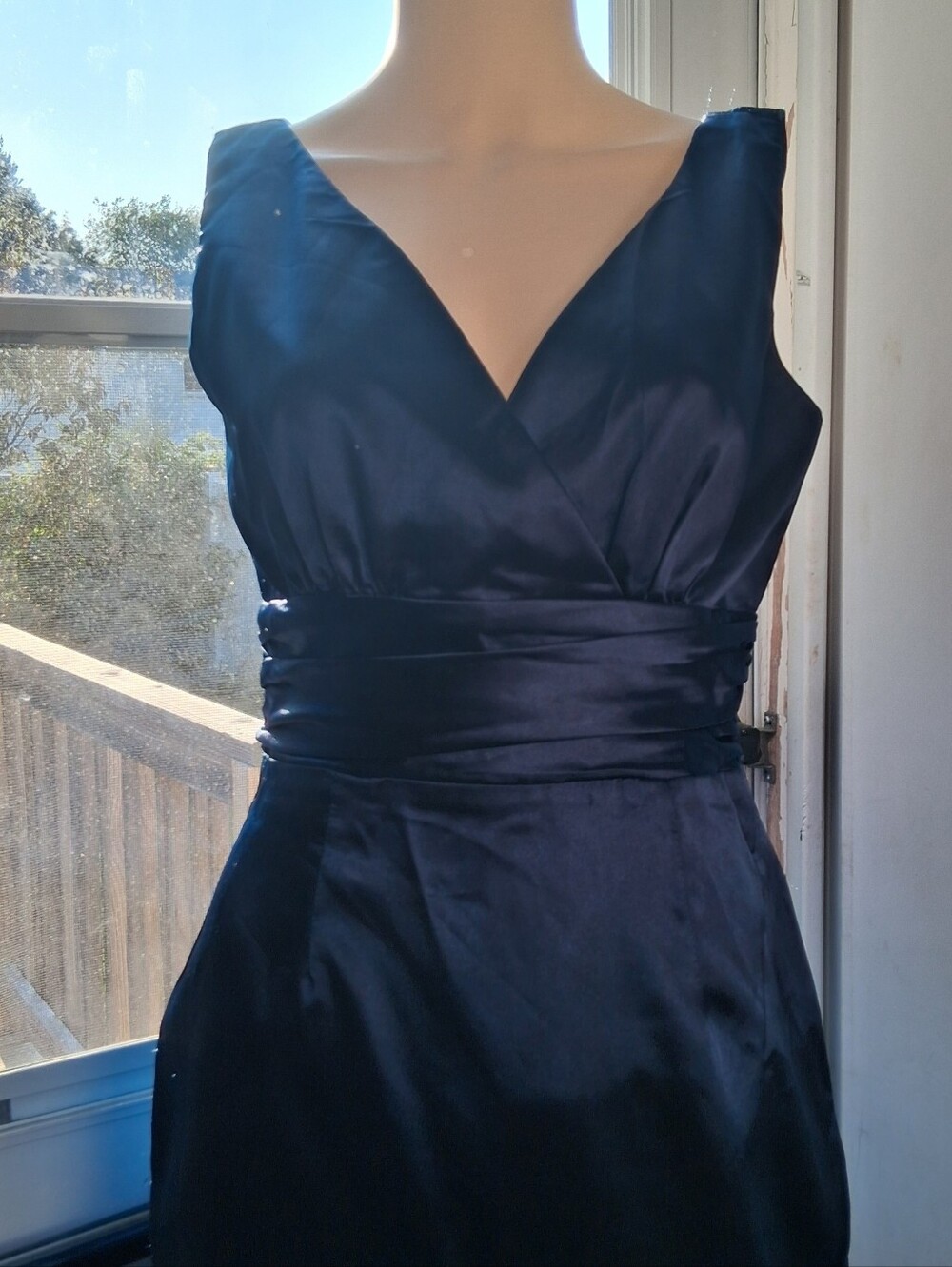 Elegant Dark Teal Blue Satin V-Neck Evening Dress